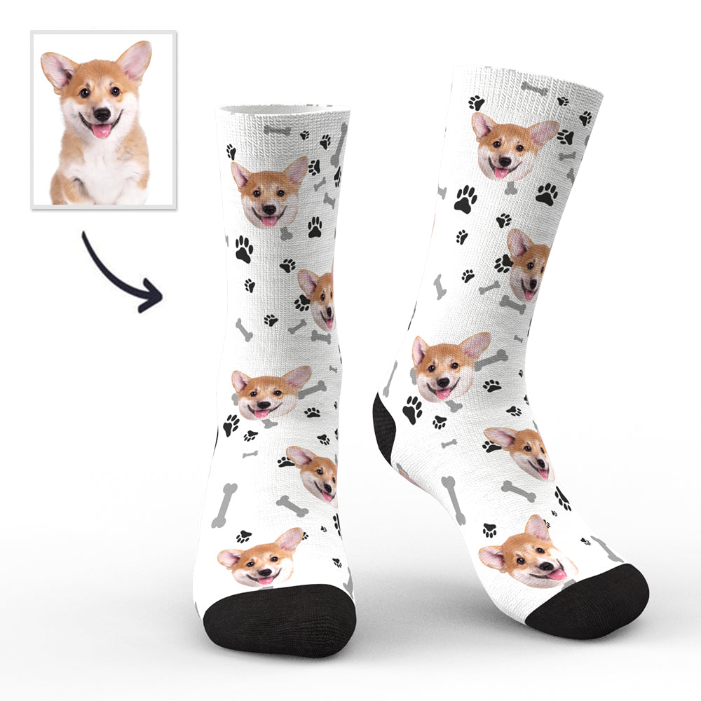 White custom dog socks with personalized photo print of a corgi puppy's face