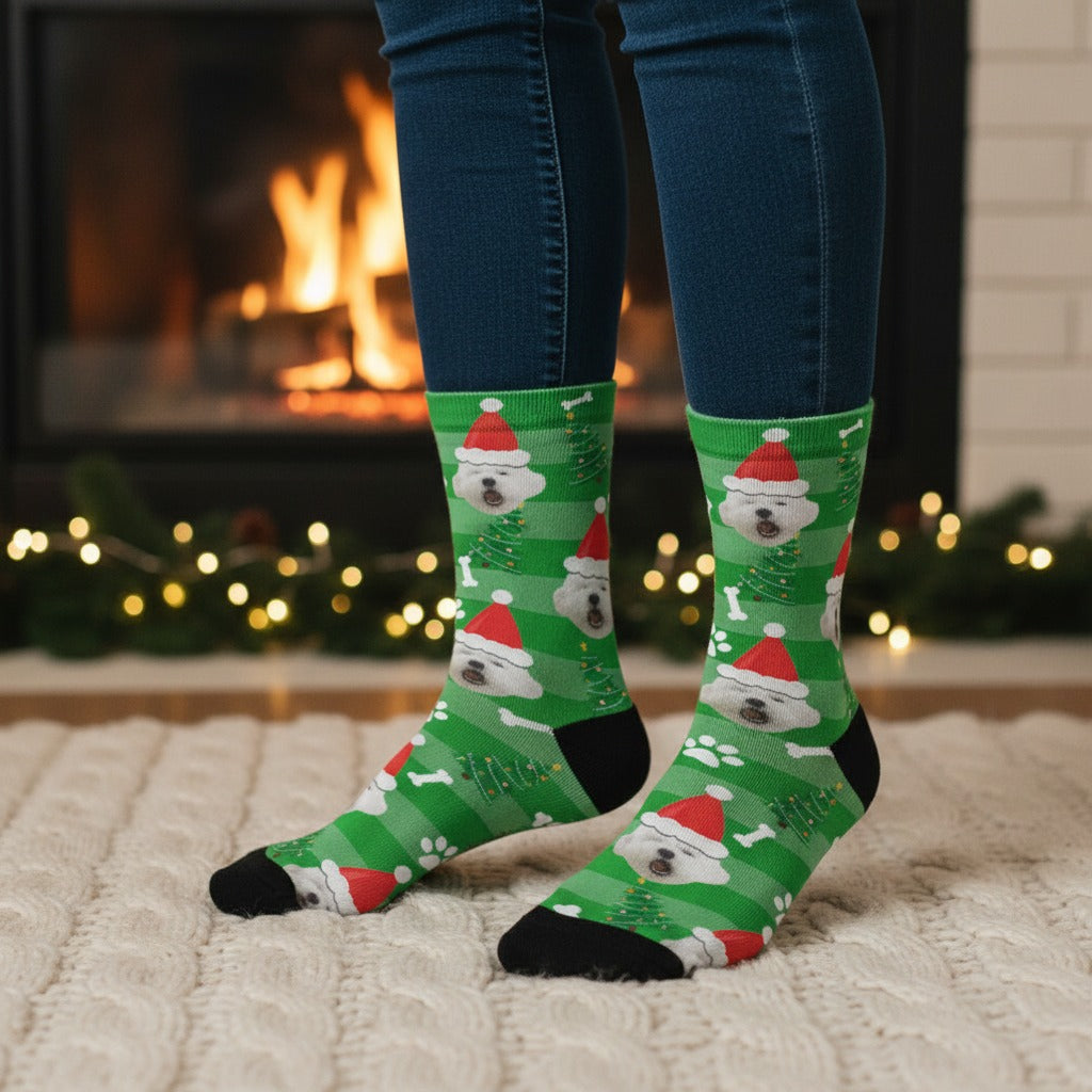 Green Christmas custom dog socks with a pet in a Santa hat print, worn on real feet by a fireplace