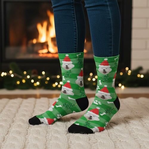 Green Christmas custom dog socks with a pet in a Santa hat print, worn on real feet by a fireplace