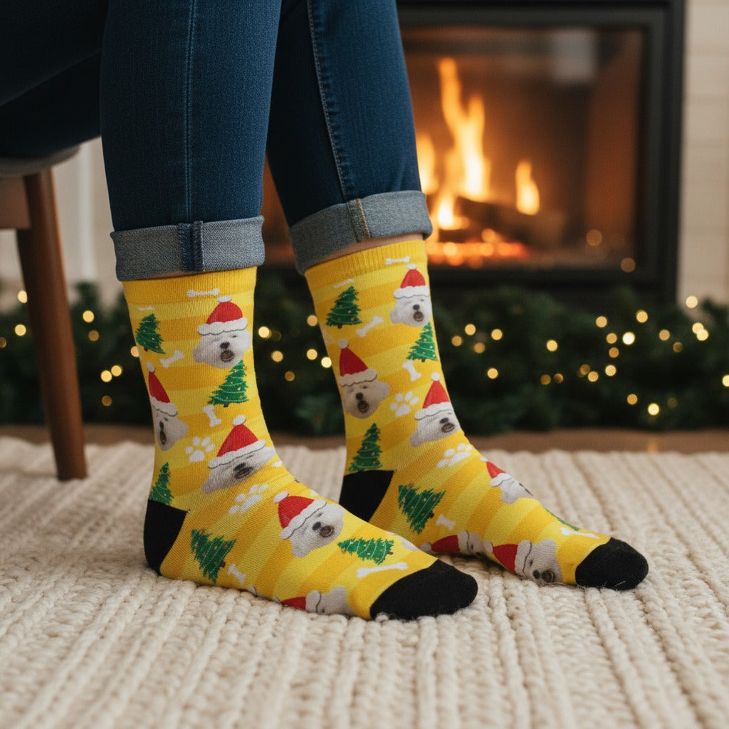 Yellow Christmas custom dog socks with a pet in a Santa hat print, worn on real feet by a fireplace