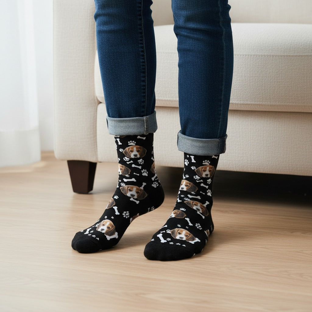 Black custom dog socks with a beagle puppy face print, worn on real feet at home