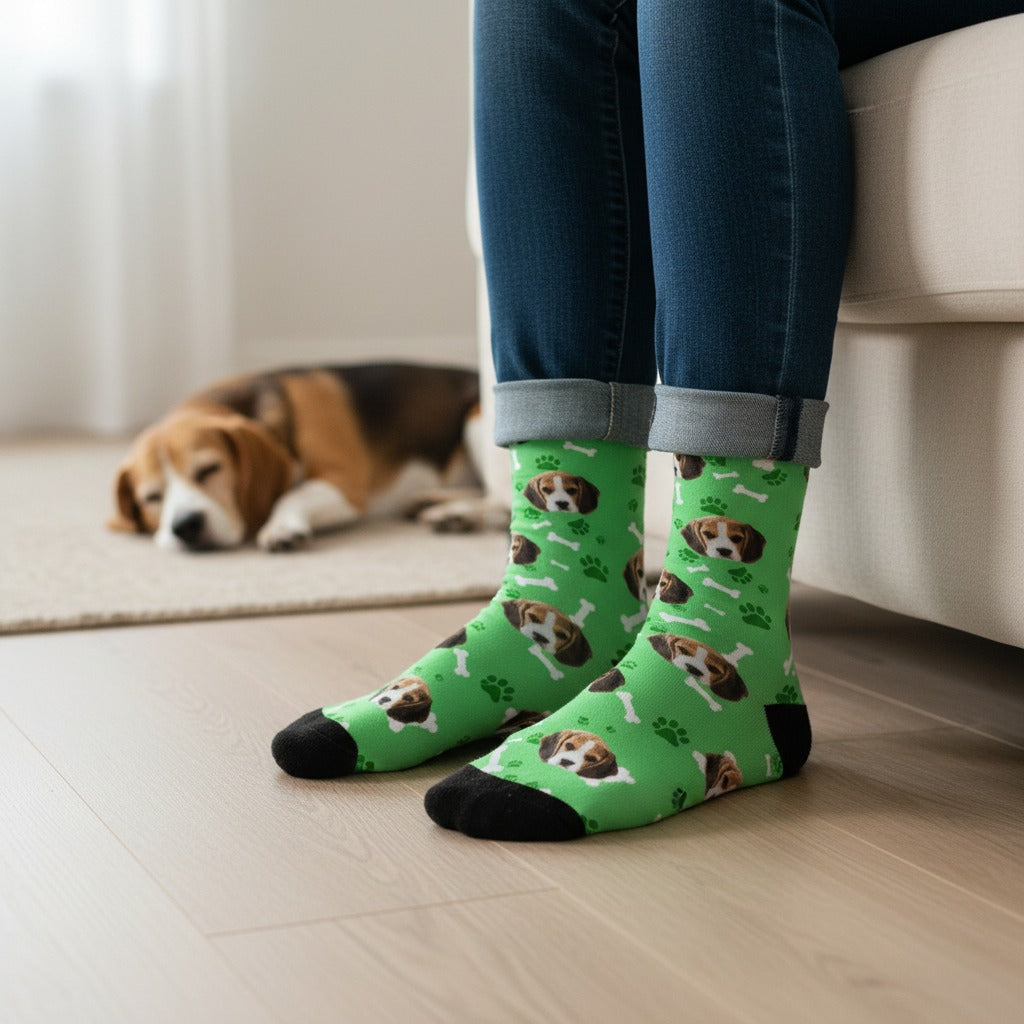 Green custom dog socks with a beagle puppy face print, worn on real feet at home