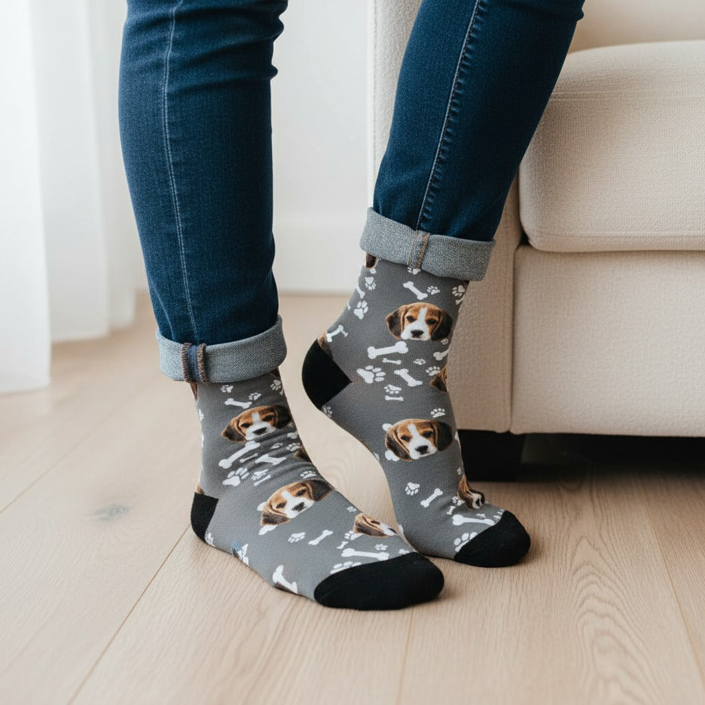 Grey custom dog socks with a beagle puppy face print, worn on real feet at home