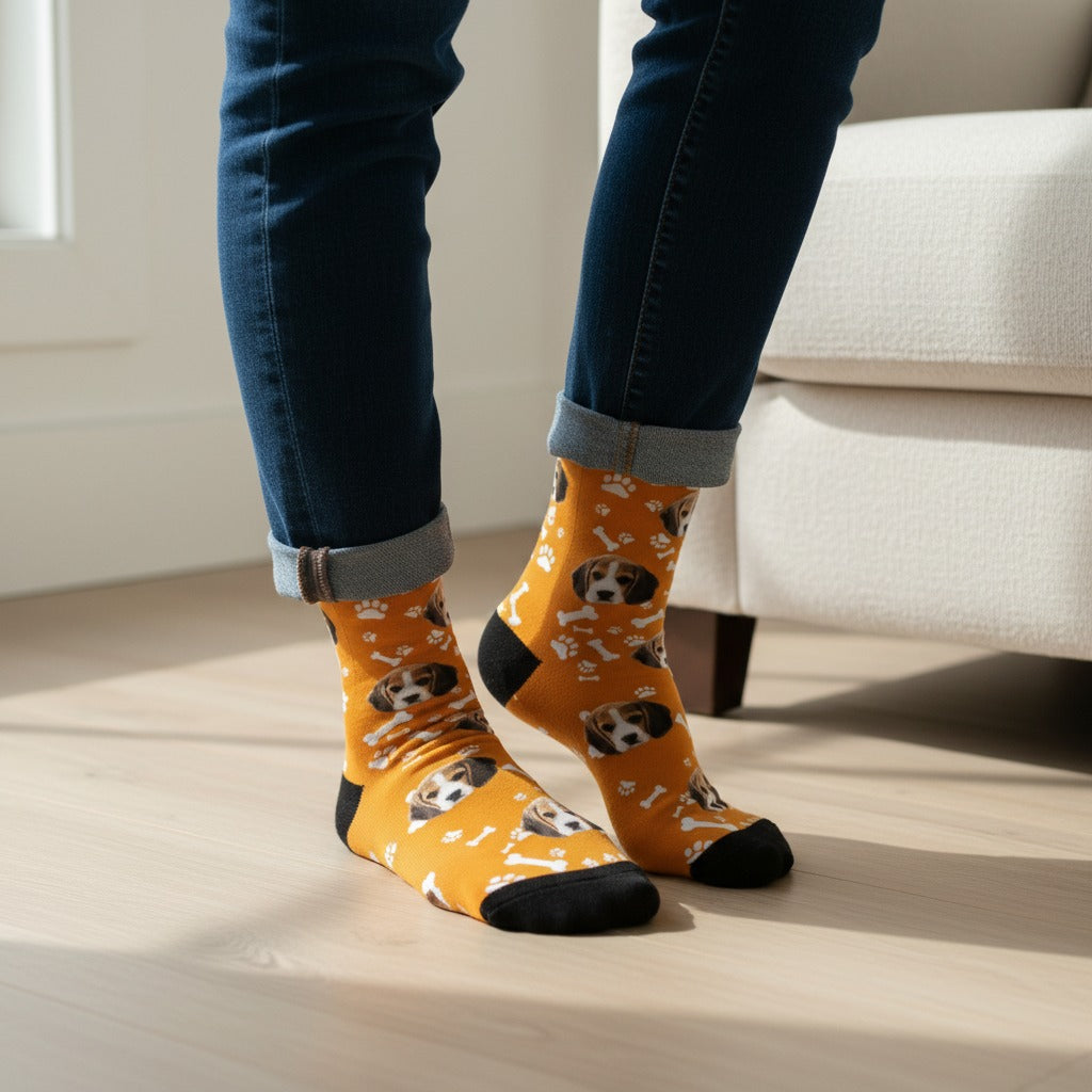 Orange custom dog socks with a beagle puppy face print, worn on real feet at home