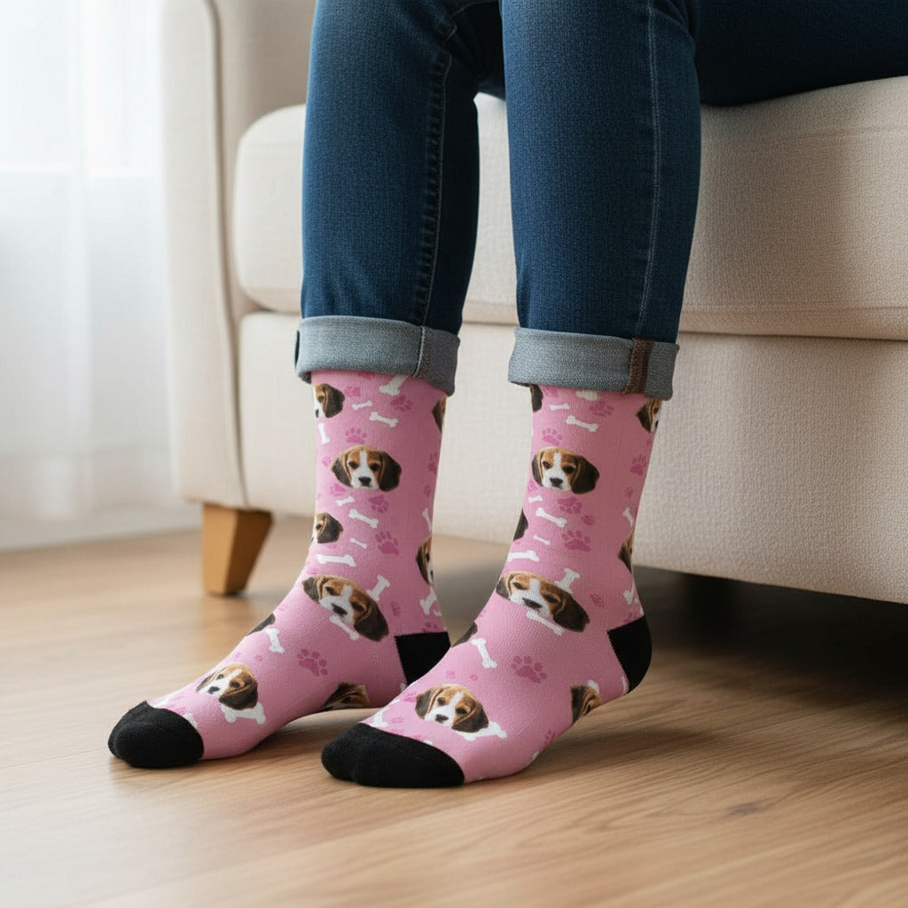 Pink custom dog socks with a beagle puppy face print, worn on real feet at home