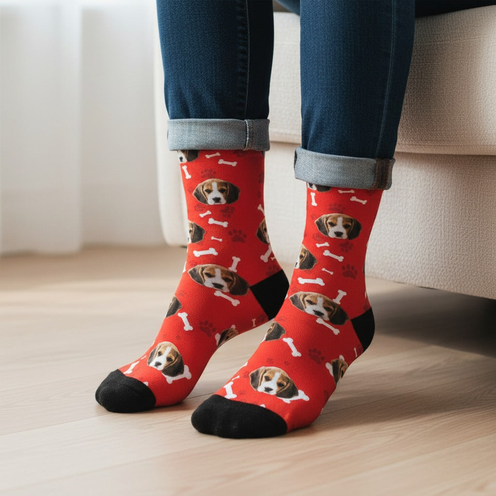Red custom dog socks with a beagle puppy face print, worn on real feet at home