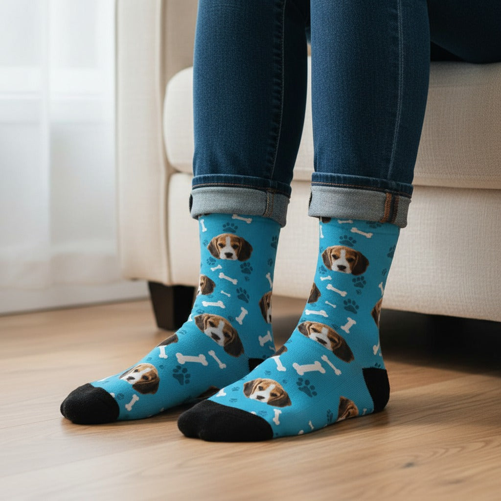 Sky blue custom dog socks with a beagle puppy face print, worn on real feet at home