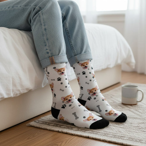 White custom dog socks with a corgi puppy face print, worn on real feet at home