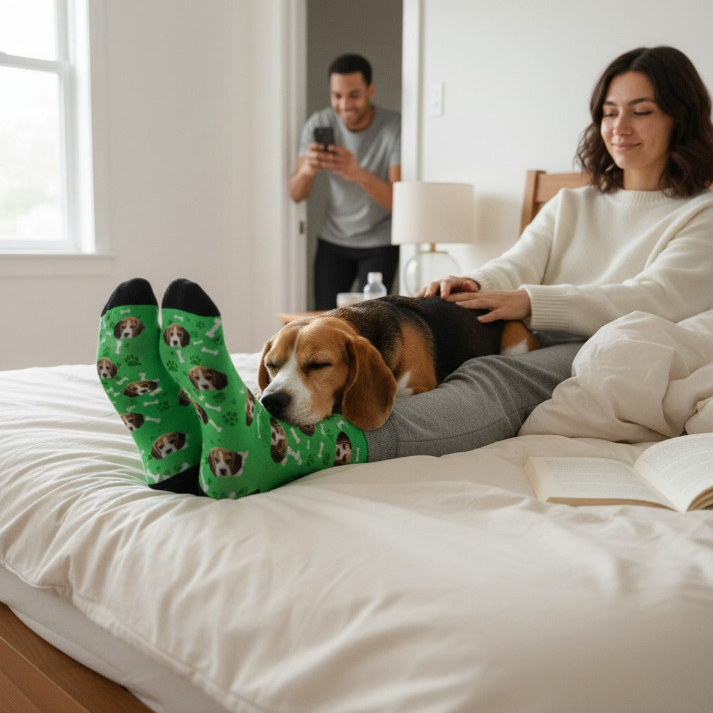 A beagle sleeping across a woman's feet in green custom dog socks on a bed, a man taking a photo from the doorway