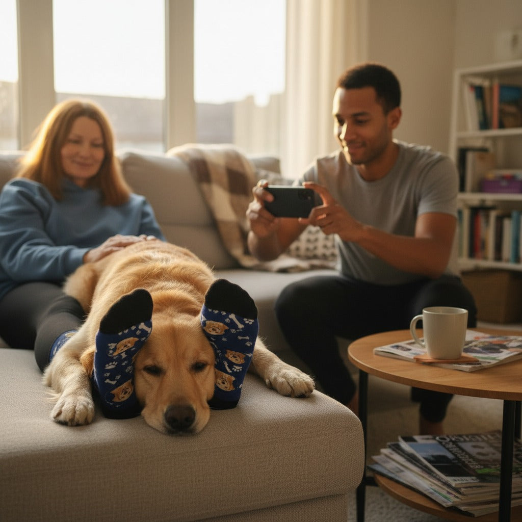 A golden retriever lying over a woman's navy custom dog socks on a sofa while a man photographs it