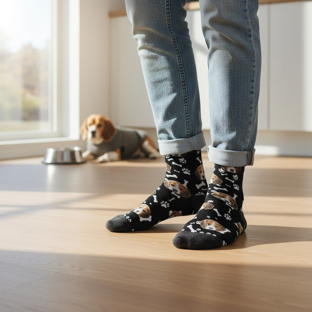 Black custom dog socks, worn at home with a beagle
