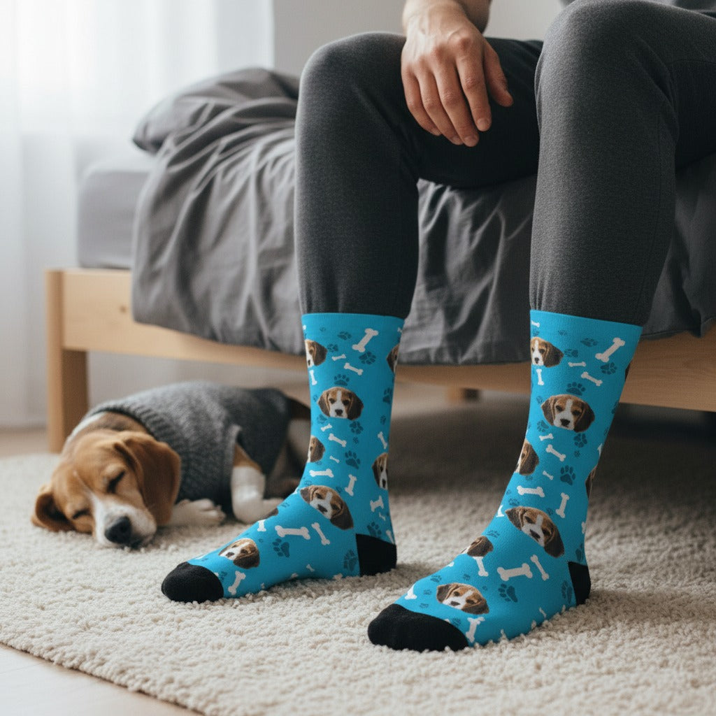 Sky blue custom dog socks, worn at a bedside with a beagle
