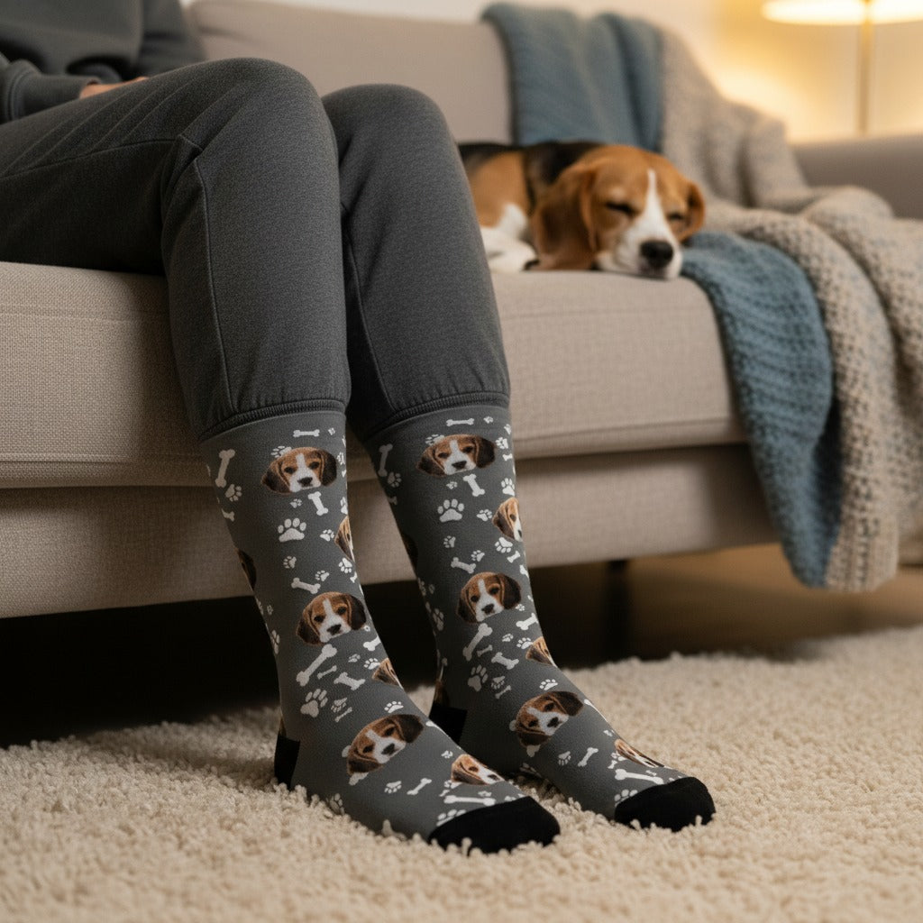 Grey custom dog socks, worn on a sofa with a beagle