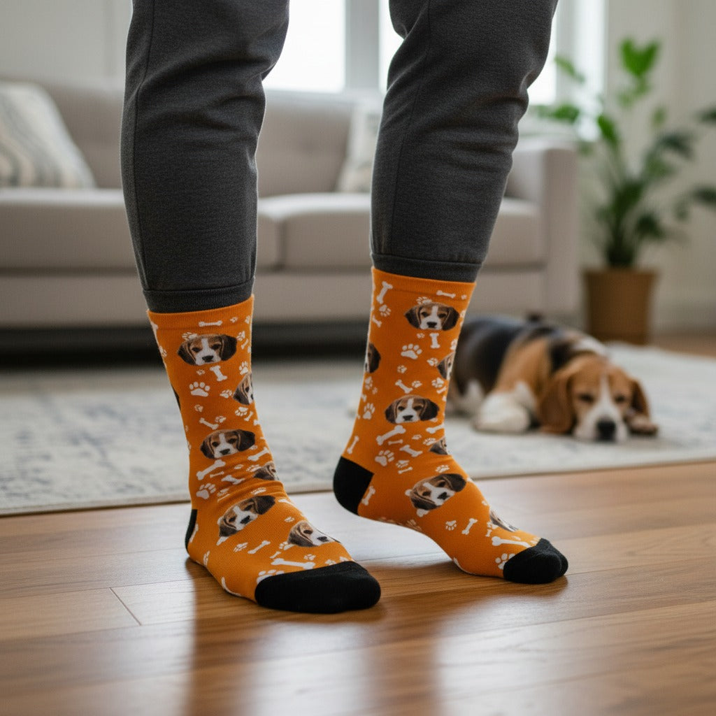 Orange custom dog socks, worn at home with a beagle nearby