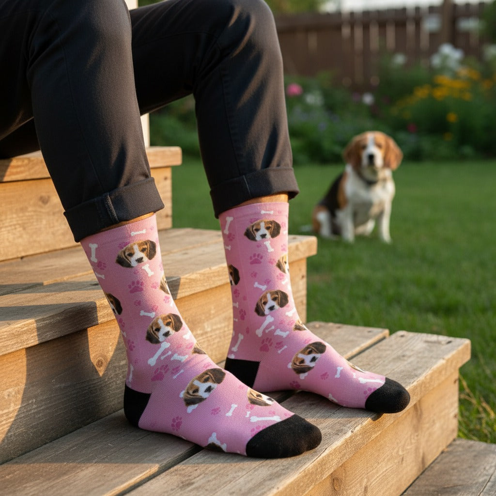 Pink custom dog socks, worn on a porch step with a beagle