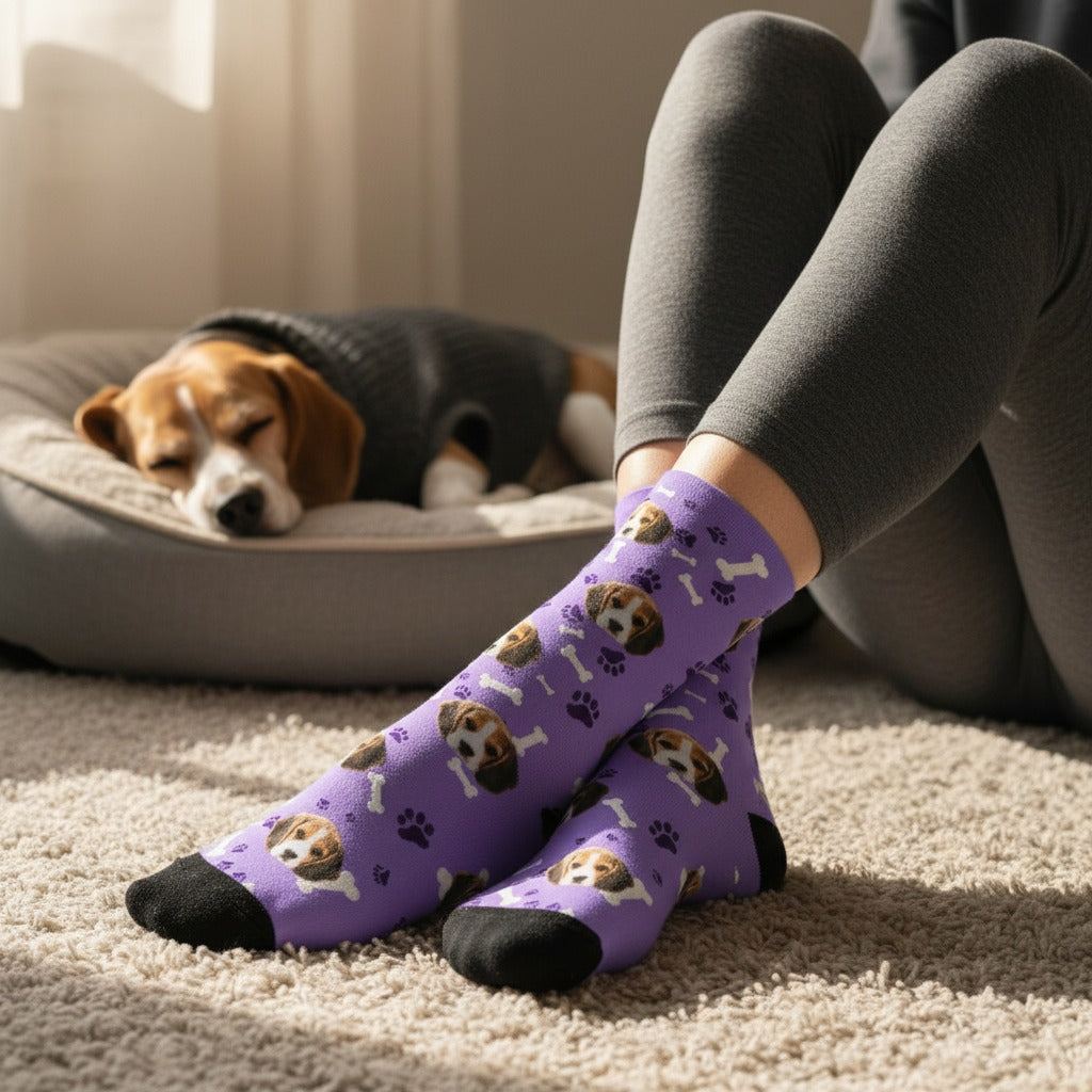 Purple custom dog socks, worn on a rug with a beagle