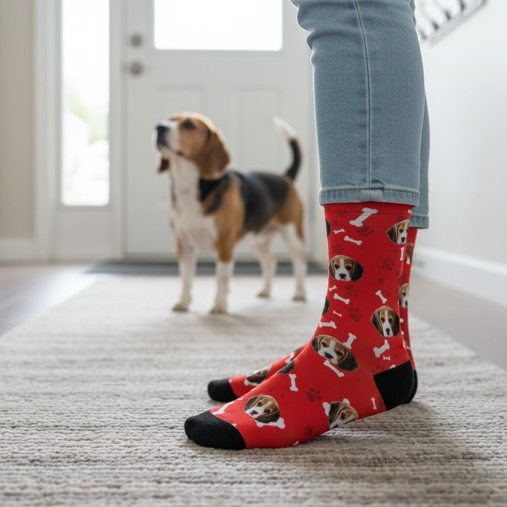 Red custom dog socks, worn in a hallway with a beagle