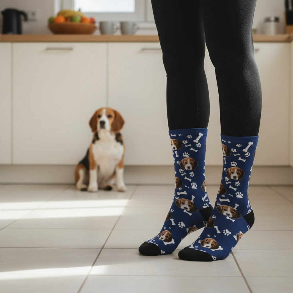 Navy custom dog socks, worn in a kitchen with a beagle