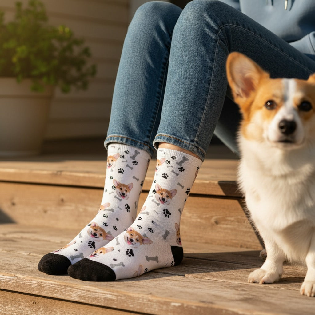 White custom dog socks with corgi faces, worn on a porch with a corgi